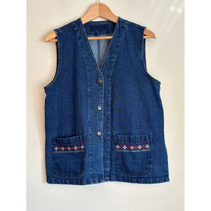 Vtg Women's Blue Denim Embroidered Vest Size L Retro Grandmacore Hipster Boho